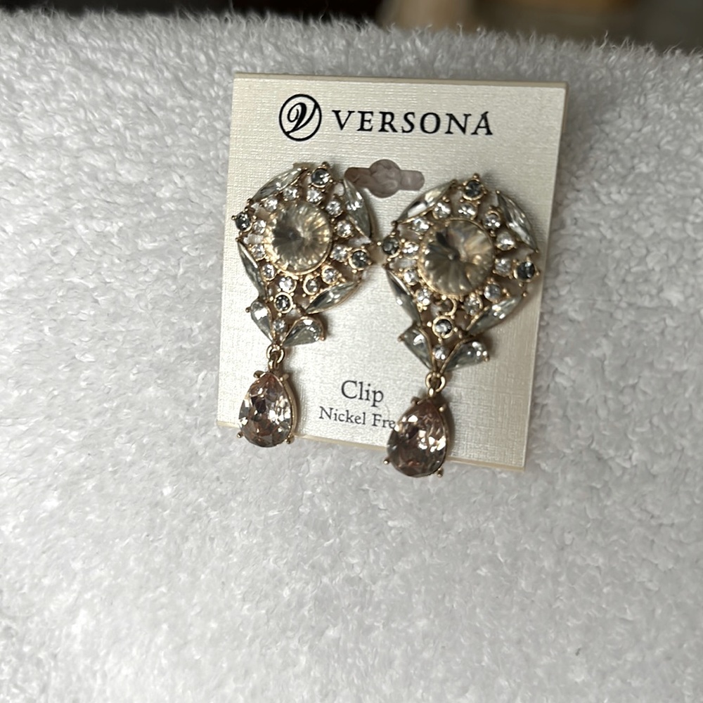 Clip on earrings , gold/ rose gold with rhinestones, easy wear, party wear